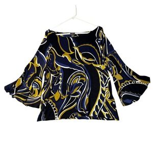 Travelers by Chico's Women Sz 2 L‎ Abstract Paisley Bell Sleeve Boat Neck Top